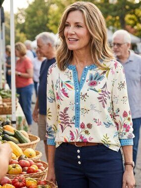 Talbots Women's Size Medium Artsy Floral Botanical Print Blouse Vibrant Colors